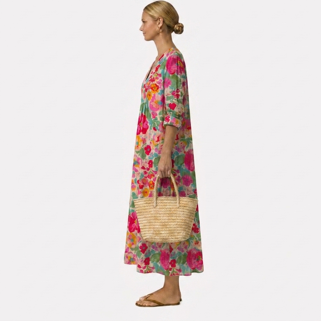 Rosalia | Abito Lungo Floreale Dipinto a Mano Verde e Fucsia