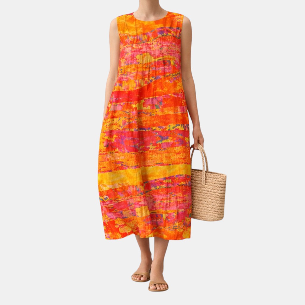 Sofia | Abito Lungo Smanicato Tie-Dye Arancio e Giallo