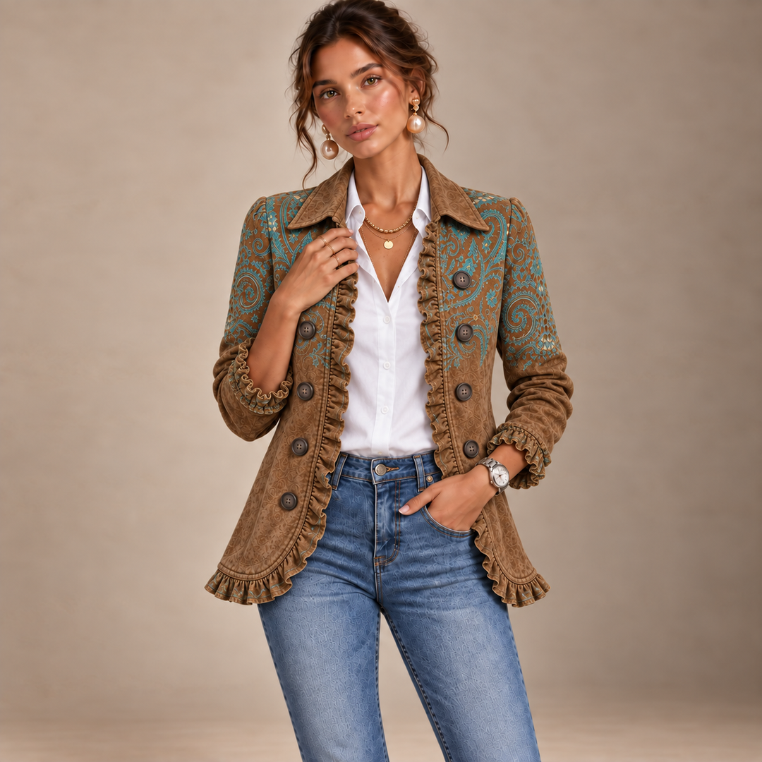 Malaquita | Giacca Marrone Ricamo Paisley Turchese