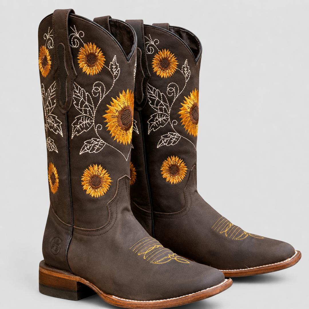 Margherita | Stivali Texani in Pelle con Girasoli Ricamati