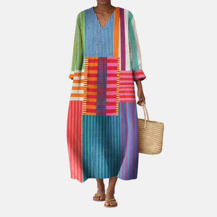 Iris | Abito Lungo Patchwork Multicolore a Righe e Quadrati Vibrant