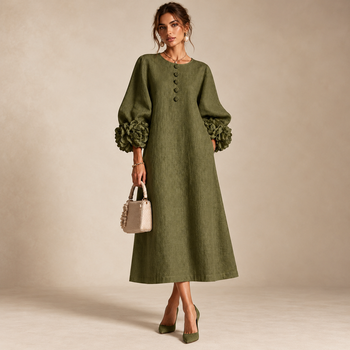 Mirabel | Abito Midi Verde Salvia con Rose 3D