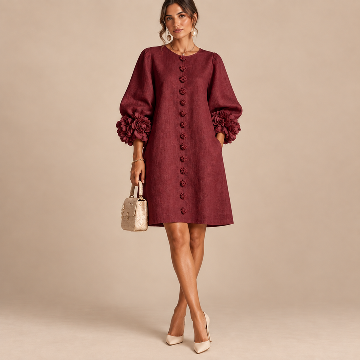 Ornella | Abito Mini Bordeaux con Rose 3D ai Polsini