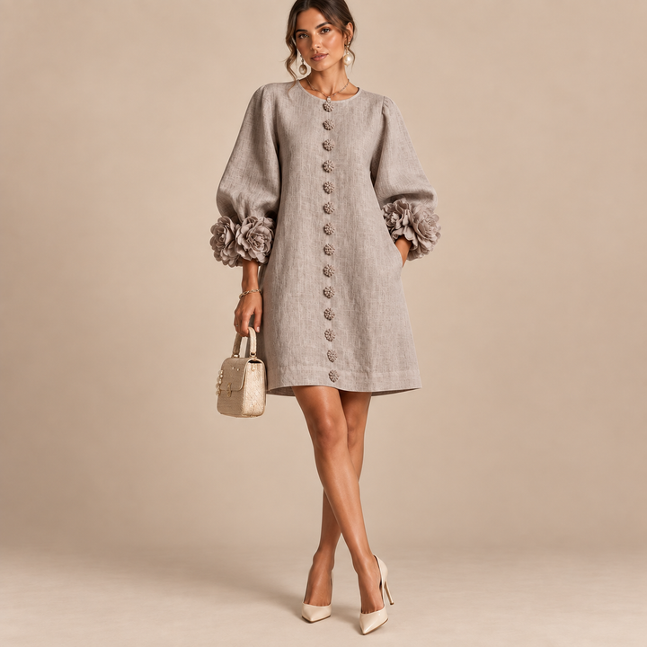 Serena | Abito Mini Tortora con Rose 3D ai Polsini