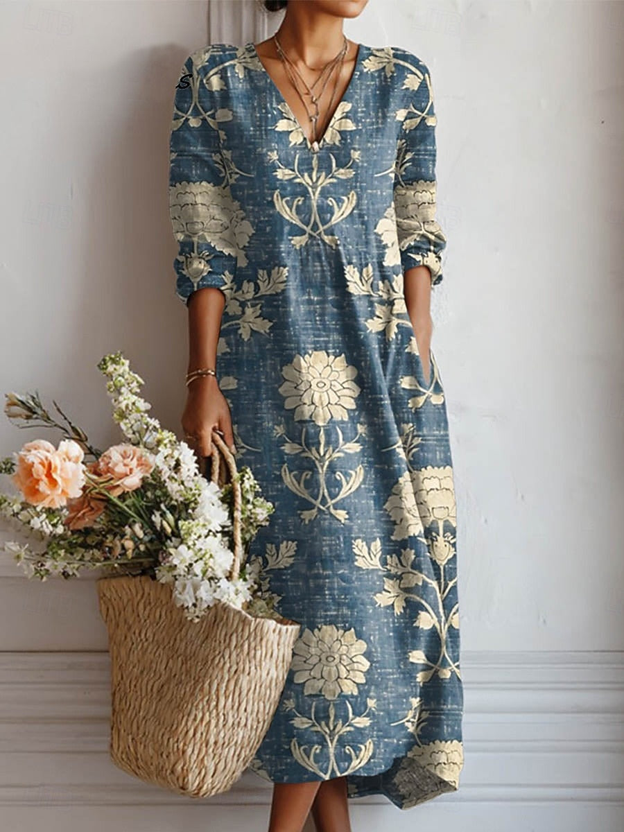 Serena | Abito Lungo Blu Avio Vintage con Fiori Barocchi Crema