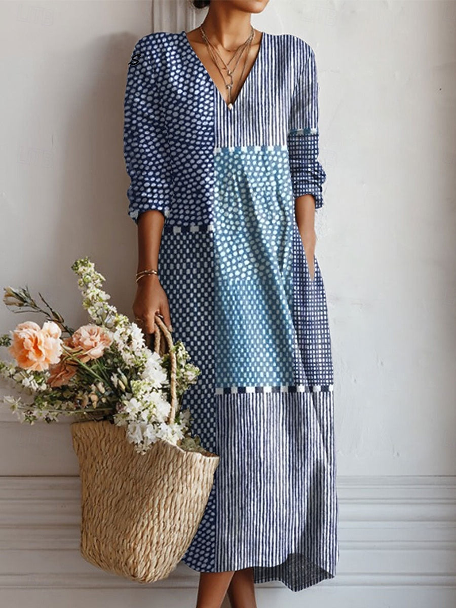 Azzurra | Abito Lungo Blu e Bianco Patchwork a Righe e Pois
